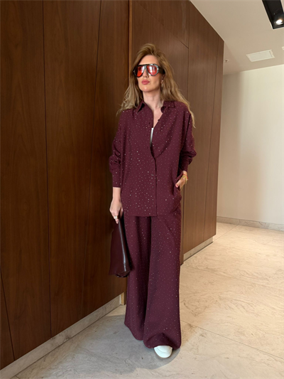 Bordo , Full Taşlı , Modal Tencel , Gömlek & Pantolon Takım
