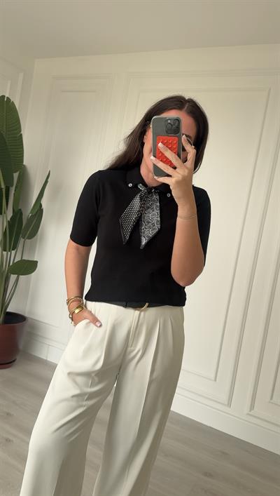 Özel İplik , Polo Yaka , Fularlı , Siyah Triko