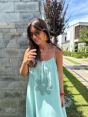 Önü Örgü Çiçekli , Mint Yeşili , Askılı Elbise