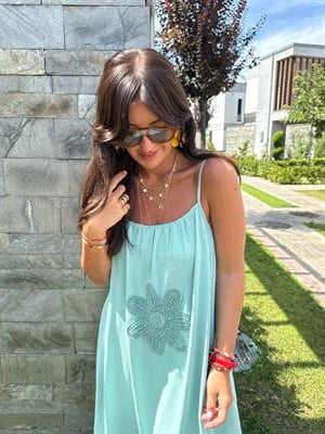 Önü Örgü Çiçekli , Mint Yeşili , Askılı Elbise