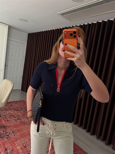 Polo Yaka , Fermuarlı , Premium Lacivert Triko