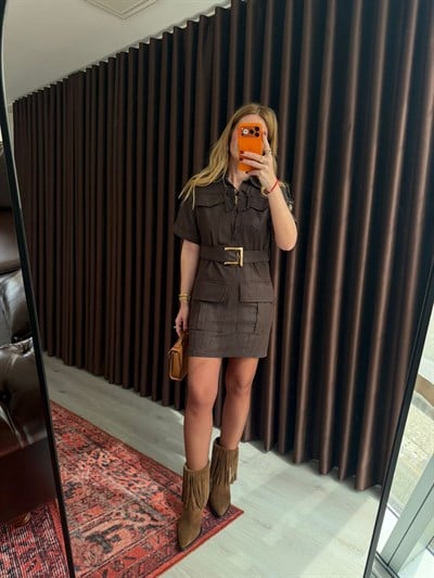 Orijinal Model , Gold Kemerli , Acıkahve Jean Elbise