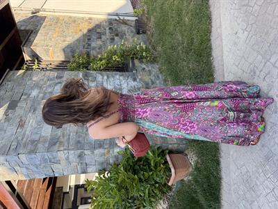 Önü Taşli , Önden Büzgülü , Pembe Şal Desenli , İthal Elbise