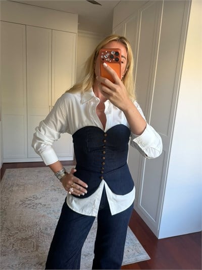 Premium , Düğmeli Jean Büstiyer & Poplin Gömlek Takım