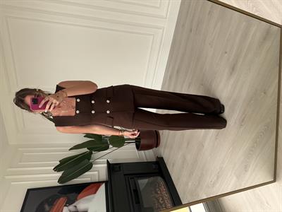 Taş Düğmeli, Acı Kahve Yelek & Pantalon Takım