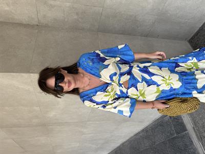 Beli Lastikli , Mavi Çiçek Desenli , Kasımpatı Elbise