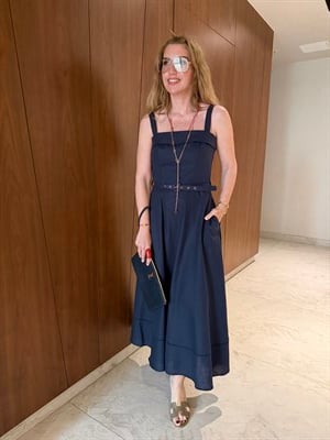 Orijinal Model , Askılı , Kemerli , Lacivert Keten Elbise