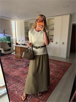 Orijinal Model, Kemerli, Taşlı Triko & Tencel Mix Elbise