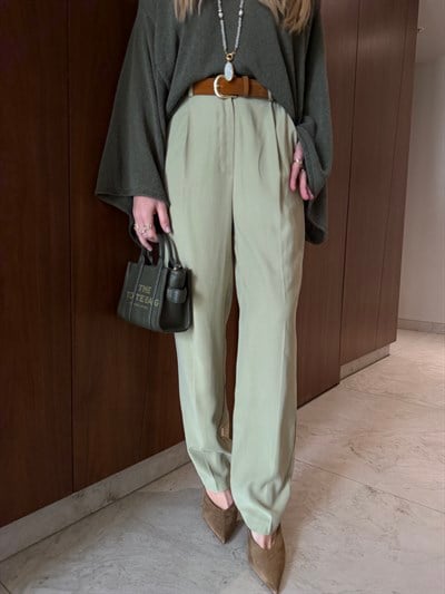 Orijinal Model , Süet Kemerli , Nil Yeşil , Tok Tencel Pantolon