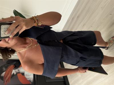 Omuz Dekolteli Lacivert Tasarım Keten Takım