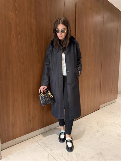 Çıkarılabilir Kürk Yakalı , İçi Ekose Astarlı , Premium Siyah Trençkot