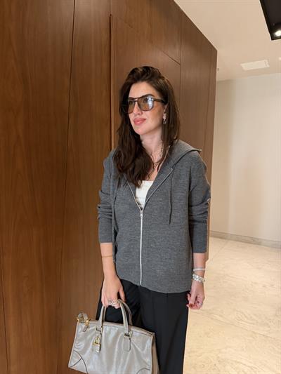 Antrasit , Kapüşonlu , Fermuarlı Triko Sweatshirt