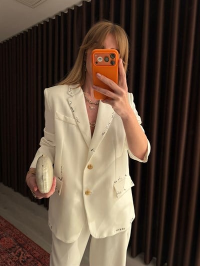 Taş İşlemeli , Ekru , Blazer Ceket & Pantolon Takım