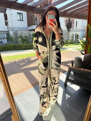 Orijinal Model , Beli Lastikli , Pantolon & Gömlek , Desenli , Yeşil Saten Takım