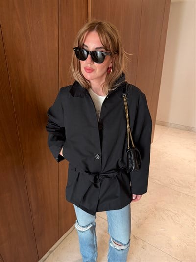 Orijinal Model , Belden Bağlamalı , Dik Yaka , Siyah Trençkot