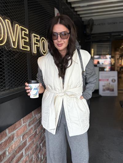 Arkası Triko Detaylı , Kuşaklı , Ekru Puff Yelek