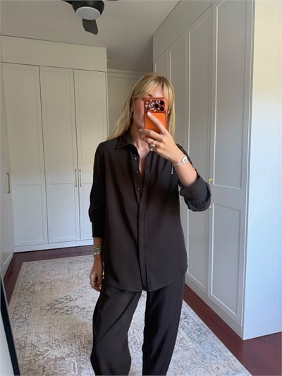Acıkahve , Tencel Crep , Fularlı Gömlek & Pantolon , Premium Takım