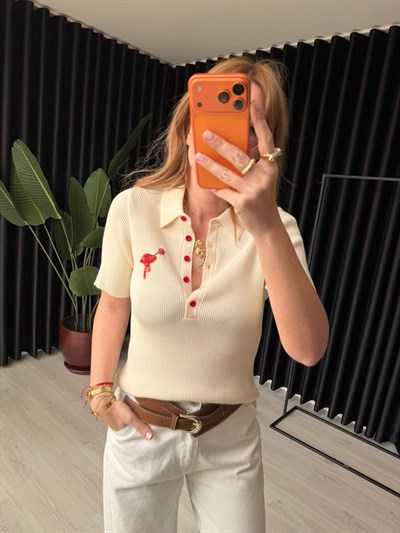 Polo Yaka , Payet İşlemeli , Ekru Merserize