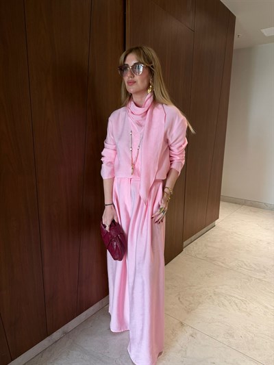 Pembe , Orijinal Model Fular Yakalı Gömlek & Pantalon Premium Tencel Takım