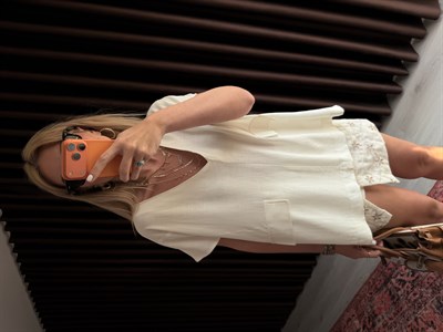 Ekru , V Yaka , Tiril , Premium Keten Bluz