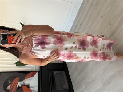 Pembe Pastel Çiçek Desenli , İnce İp Askılı , Premium Elbise