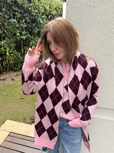 Bordo & Pembe , Atkılı , Baklava Desenli Triko