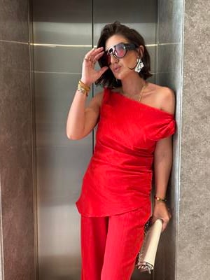 Kırmızı , Premium Keten , Çapraz Omuzlu , Pantolon & Bluz Takım