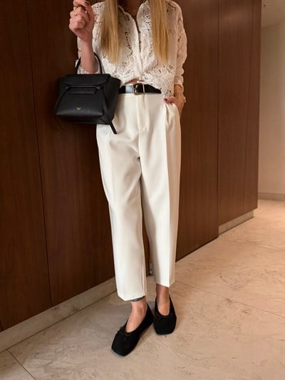 Siyah Deri Kemerli , Beyaz , Fileto Pantolon