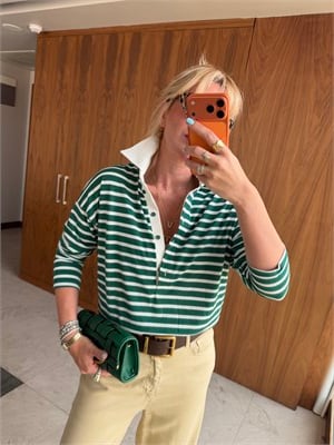 Polo Yaka Önden Düğmeli Yeşil Çizgili Tiril Bluz