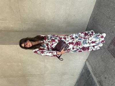 Beli Lastikli , Bordo Çiçek Desenli , Elbise