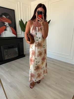 Pudra Pastel Çiçek Desenli , İnce İp Askılı , Premium Elbise