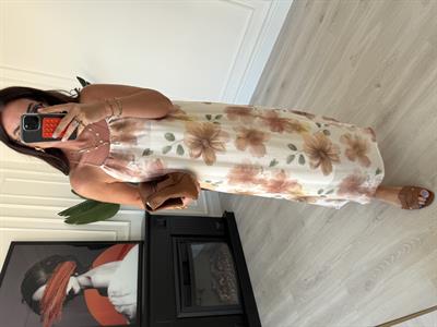 Pudra Pastel Çiçek Desenli , İnce İp Askılı , Premium Elbise