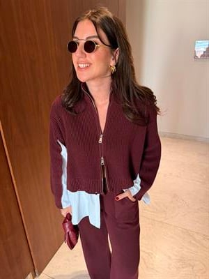 Poplin Detaylı , Önden Fermuarlı , Bordo Triko Takım