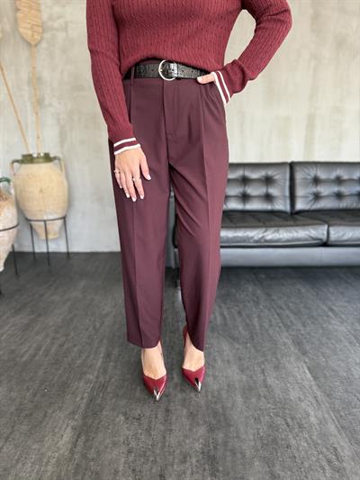 Premium Likralı Krep Kumaş , Kemerli Bordo Pantolon