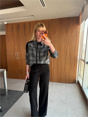 Orijinal Model, Siyah  Ekoseli, Taş Detaylı Premium Gömlek & Pantalon Takım
