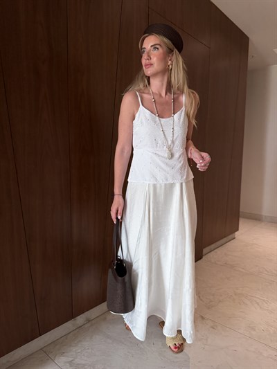 Fisto Detaylı , Tencel Mix Beyaz Elbise