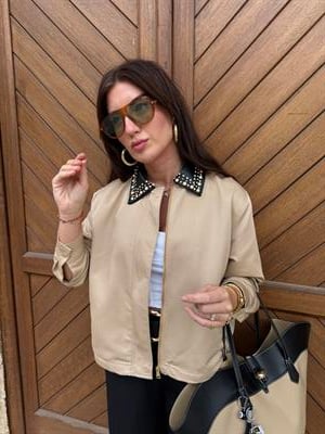 Orijinal Model , Yakası Deri ve Taş İşlemeli , Premium Camel Ceket