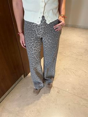 Gabardin Kumaş , Füme Leopar Desenli , Palazzo Pantolon