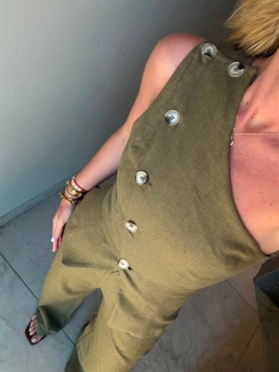 Orijinal Model , Yandan Düğmeli , Haki , Keten Bluz Takım