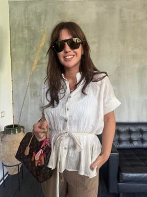 Dantel Desenli , Belden Bağlamalı , Premium , Bej Bluz