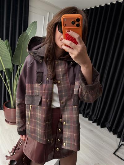 Orijinal Model , Kadife Detaylı , Mürdüm Ekoseli , Tasarım Trençkot