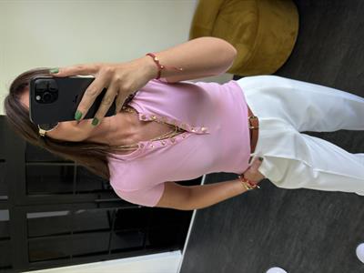 Önü Gold Patpat Detaylı , Pembe T-shirt
