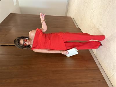 Kırmızı , Premium Keten , Çapraz Omuzlu , Pantolon & Bluz Takım