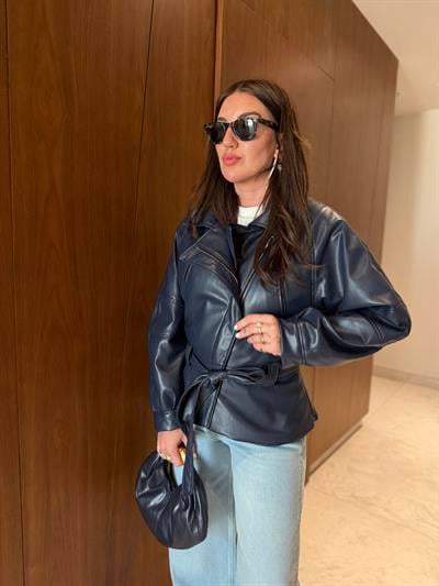 Kuşaklı , Lacivert , Premium Deri Ceket