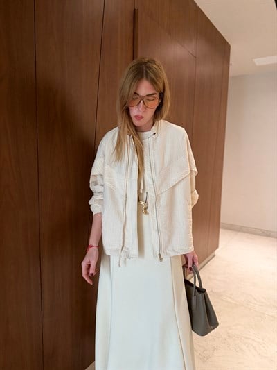 Premium Modal Elbise & Bomber Ceket , Bej Takım