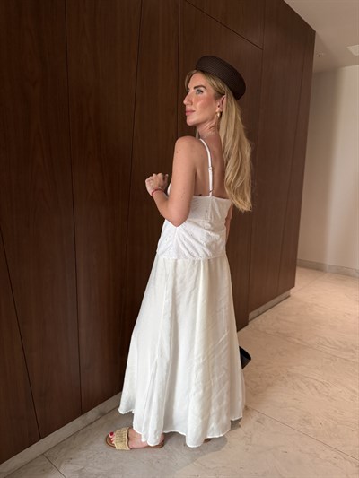 Fisto Detaylı , Tencel Mix Beyaz Elbise