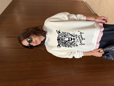 T-shirt Detaylı , Leopar Desenli , Ekru Sweatshirt