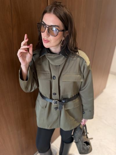 Orijinal Model , Deri Yakalı , Kemerli , Haki Trençkot