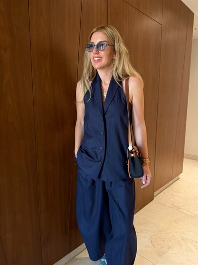 Halter Yaka , Yelek & Pantolon , Lacivert Keten Takım