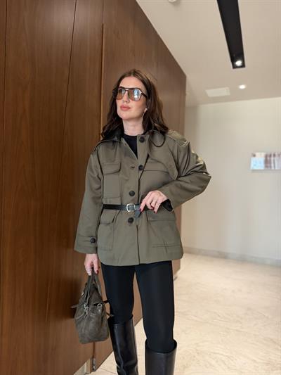 Orijinal Model , Deri Yakalı , Kemerli , Haki Trençkot